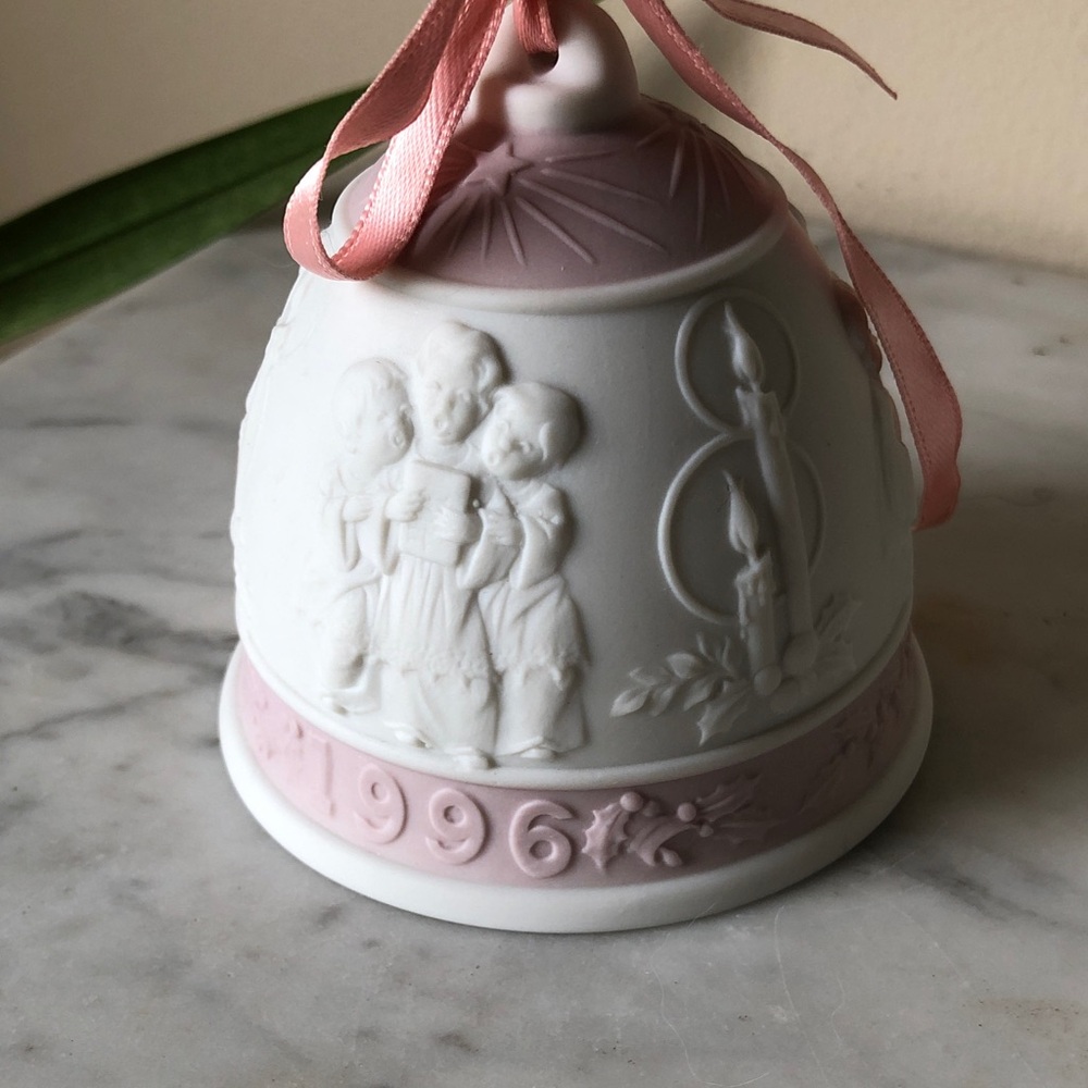LLadro Collectible Pink and White Ceramic Bell Ornament - 1996